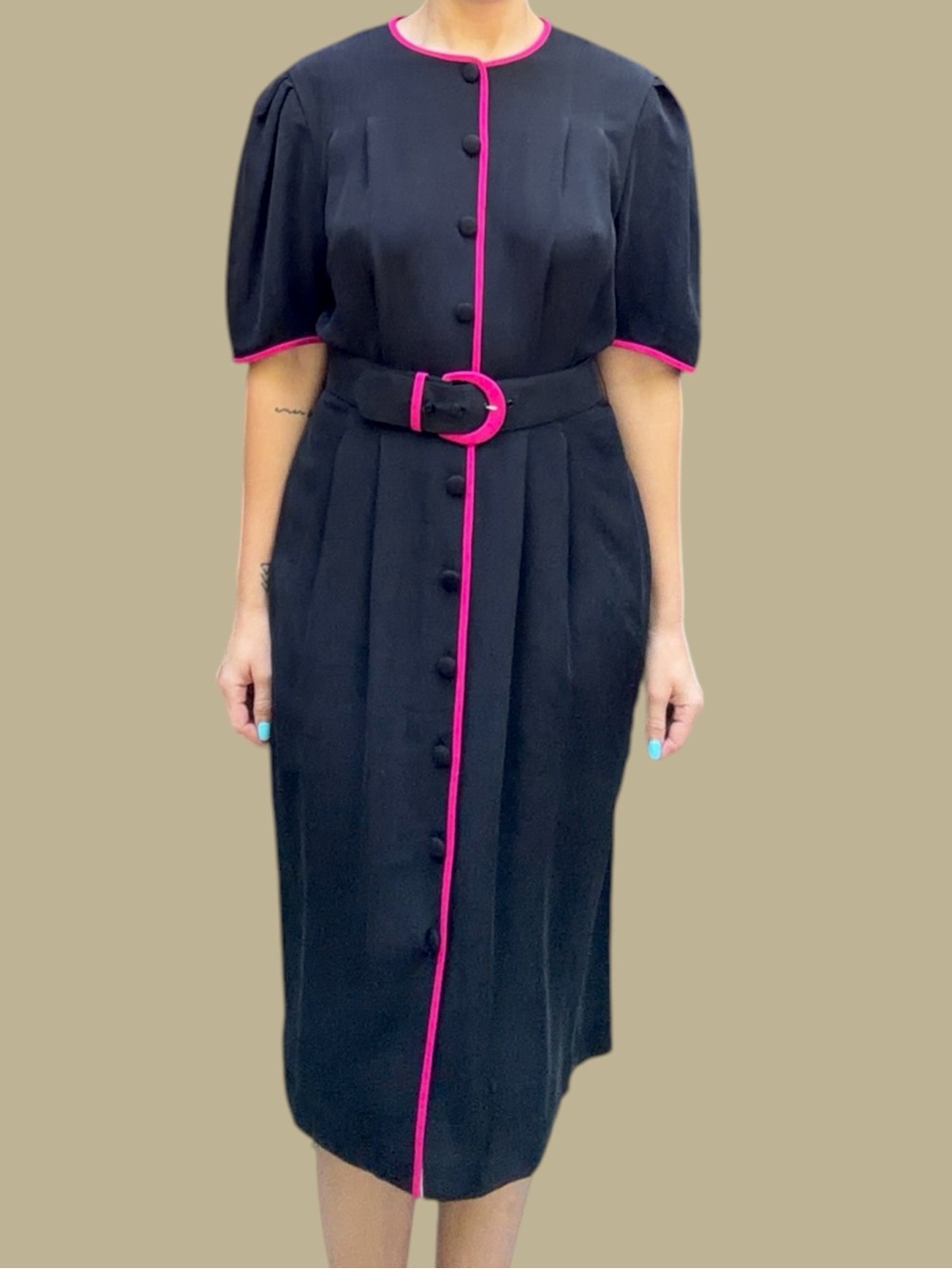 Vintage Late 80s / Early 90s Silk Belted Button Front Midi Dress